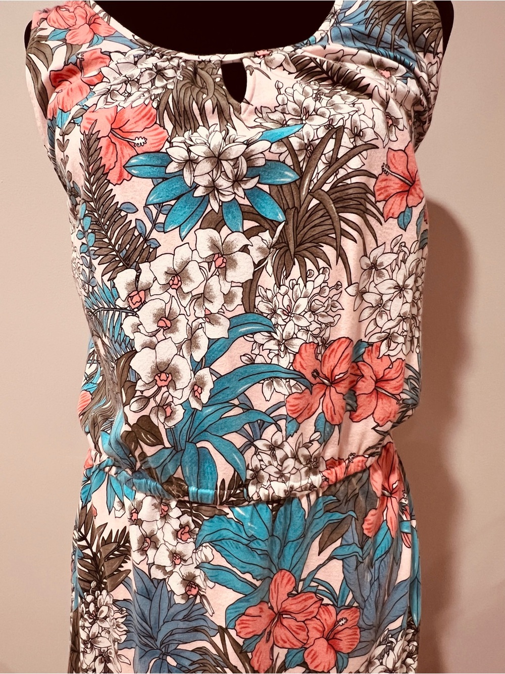 Talbots Pink Hawaiian Floral Keyhole Maxi Dress with Teal Accents, size Large - Picture 3 of 7